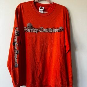 Y2k Harley-Davidson Bold Orange Skull Long Sleeve Tee